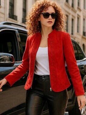 Conrad C Collection Womens Sz 12 Red Faux Suede Short Tailored Jacket Blazer